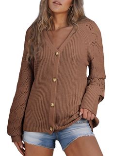 PRICES MAY VARY. Women's cardigan sweater is made of soft knitted fabric for all day comfort. Show offyour figure in this sexy cardigan sweater with a V-neck design. Classic solid colors and unique styles of knitted cardigans are loved by modern women of all ages. The button-down cardigan sweater can be paired with jeans for a stylish look. Stylish cardigans are perfect for fall and winter everyday wear, vacations, dates, parties, offices and more. Astylish Women Open Front Button Down Lantern Sleeve Knit Cardigans Sweater Knit V-neck Sweater With Buttons For Fall, Knit V-neck Sweater With Button Closure And Long Sleeves, Knit V-neck Sweater Coat With Button Closure, Fall Knit V-neck Sweater With Button Closure, Trendy V-neck Sweater Coat With Soft Knit, Trendy V-neck Soft Knit Sweater Coat, Trendy Soft Knit V-neck Sweater Coat, Brown Knit Button-up Cardigan, Knit Button-up V-neck Sweater For Fall