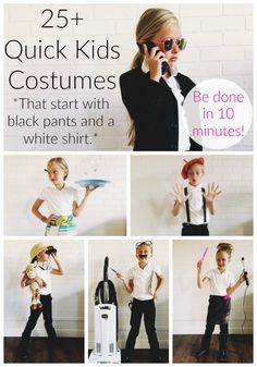 More than 25 Easy Costumes to Make Using Black Pants and a White Shirt (along with random items that can be found at home). Be done in less than 10 minutes! Career Dress Up Day, Easy Character Dress Up, Dress As Teacher For Career Day, Dress Up For Career Day At School, Lawyer Costume, Last Minute Diy Kids Halloween Costumes