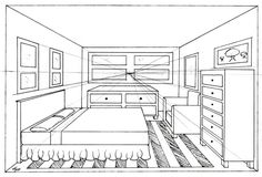 a line drawing of a bedroom with drawers, bed and dressers in the corner