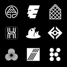 black and white icons on a black background, such as logos, symbols, etc