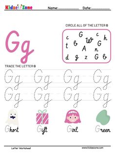 the letter g worksheet for children to learn how to write and draw letters