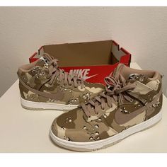 Nike Dunk High Desert Camo Sneakers Dx2314-200 Women's Size 8 Khaki Lace-up Sneakers For Streetwear, Casual Khaki Lace-up High-top Sneakers, Beige Custom Sneakers With Boost Midsole, Beige Custom Lace-up Sneakers With Boost Midsole, Nike Casual High-top Lace-up Sneakers, Nike Casual Lace-up High-top Sneakers, Beige Lace-up High-top Sneakers For Streetwear, Beige Lace-up High-top Sneakers With Cushioned Footbed, Khaki Lace-up Sneakers With Rubber Sole