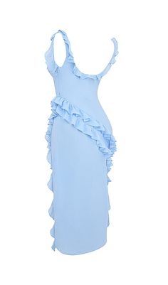 Our SOFT BLUE RUFFLE MAXI DRESS is beautifully embellished with fluttery ruffles that add pretty dimension to this ultra sexy silhouette. Cut from lightweight georgette. the dress is elegant and striking in a soft blue hue.It has a draped cowl neckline and effortlessly skims over your curves with a thigh high split to showcase the legs in a floaty finish. It's fully lined for comfort and zips up the left side for easy on.WHERE TO WEAR:Romantic date nights. stylish dinner dates. champagne bars. w Champagne Bar, Ruffle Maxi Dress, Romper Suit, Split Dress, Cowl Neckline, Ruffled Maxi Dress, Plus Dresses, Loose Dress, Stretch Dress