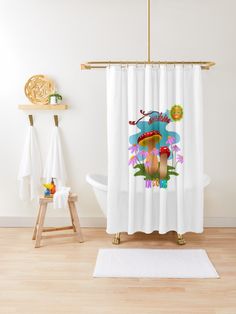 a shower curtain with an image of a man on the beach holding a surfboard