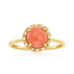 Ross-Simons - Coral Ring Round Cut with Diamond Accents in 14kt Yellow Gold. Size 10. Adorn yourself with this warm, beachy beauty! A bright 7mm orange coral is illuminated by diamond accents in polished 14kt yellow gold. 3/8"" wide. Coral ring. Bridesmaid Outfits, Gold Wedding Colors, Baguette Diamond Rings, Diamond Promise Rings, Coral Ring, Orange Coral, Coral And Gold, Coral Stone, Ring With Diamond