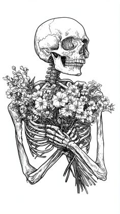 a drawing of a skeleton holding flowers