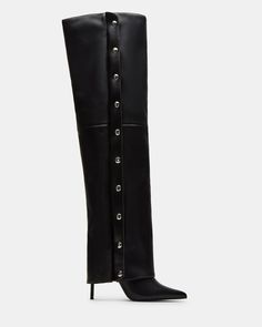 Elevate your style with our STONE fold-over boots. The knee-high design elongates your legs, while the stiletto heel adds a touch of sophistication. The pointed toe, studded detailing, and zipper accents are sure to make a statement. Step out in luxury and turn heads wherever you go. 4 inch heel height Size 6 measurements: 21 inch shaft circumference, 24 inch shaft height Size 8 measurements: 22 inch shaft circumference, 25 inch shaft height Size 10 measurements: 23 inch shaft circumference, 26 Fold Over Boots, High Design, Leather Socks, Studded Boots, 4 Inch Heels, Steve Madden Shoes, Stiletto Heel, Boot Shoes Women, Knee High Boots