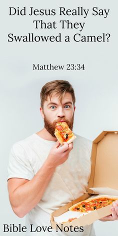 a man eating a slice of pizza with the words did jesus really say that they swallowed a came?