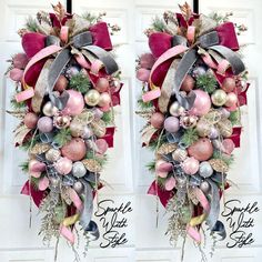 two christmas wreaths hanging from the side of a door with ribbons and ornaments on them