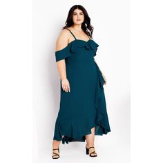 Flaunting a curve-flattering fit and stylish ruffled neckline, the Remy Maxi Dress turns heads wherever it goes! An emerald hue adds a regal touch, while the dainty midi hemline makes it perfect for a glamorous cocktail soiree. Elevate your occasion wear with the Remy Maxi Dress - the embodiment of grace and glamour. Featuring a captivating ruffled sweetheart neckline and the option of off-shoulder ruffle with attachable shoulder straps, it's versatility at its finest. The back invisible zip clo Knitwear Style, City Chic Dresses, Evening Dresses Online, Boned Bodice, Slingback Heels, Women's Evening Dresses, Plus Size Maxi, Plus Size Fashion For Women, Invisible Zip