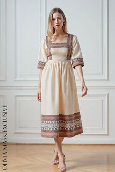 Olivia Mark - Bohemian Elegance Midi Dress - Cream with Rust and Navy Patterns Summer Soiree, Dress Cream, Flowing Skirt, Daily Dress, Cream Dress, Bohemian Dress, City Streets, Floral Patterns, Olivia Mark