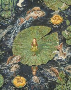 a painting of a girl in a green dress floating on top of a lily pad surrounded by fish