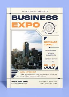 a business expo flyer is shown with an image of the city in the background and text on