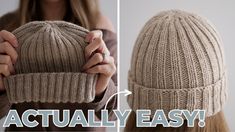 two pictures showing how to knit a beanie hat with the words actually easy written on it