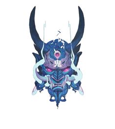 a blue mask with horns and wings on it's face, in front of a white background