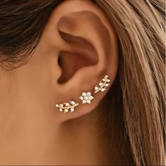 Gorgeous Rhinestone Flower Leaf Earrings Can Be Worn Separately Ear Climbers Earrings, Floral Studs, Climber Earrings, Rhinestone Decor, Stud Jewelry, Rhinestone Flower, Gold Rhinestone, Flower Earrings Studs, Flower Studs