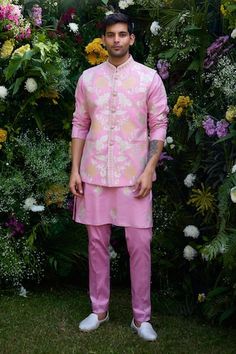 Orchid pink cotton silk waistcoat with floral and thread patchwork embroidery. Comes with trouser and a kurta. - Aza Fashions Spring Wedding Pink Nehru Jacket, Pink Sherwani For Spring Festivals, Traditional Pink Nehru Jacket For Spring, Fitted Pink Bandhgala For Festivals, Pink Cotton Sherwani For Wedding, Fitted Pink Bandhgala For Diwali, Pink Fitted Bandhgala For Diwali, Traditional Pink Cotton Nehru Jacket, Pink Cotton Sherwani For Festivals