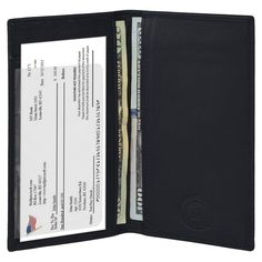 a black leather wallet is open to show a checkbook and two bills in it