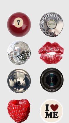 various objects are arranged in the shape of a heart, lips, and mirror ball