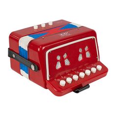 an old fashioned red musical instrument with white knobs on the front and blue sides