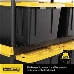 yellow and black bins are on the shelf