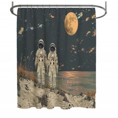 two astronauts are standing on the beach in front of the moon and stars shower curtain set