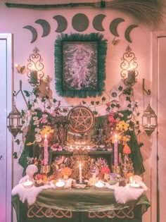 the altar is decorated with candles and pictures