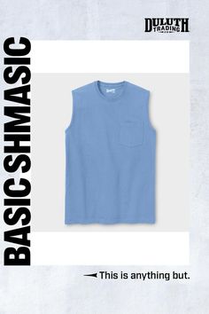 a blue tank top with the words basics on it and an image of a white background