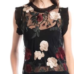 Gracia Embroidered Floral Mesh Sleeveless Blouse. All Items Sold From This Boutique Are Brand New. Thrift Inspo, Flower Blouse, Sleeveless Blouse, Mesh, Boutique, Brand New, Floral, Women Shopping, Black