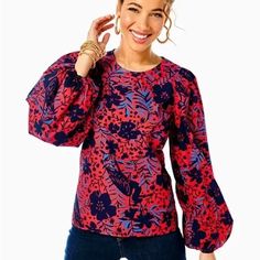 Lilly Pulitzer Nwt Xs Lynnley Top Blouse Balloon Sleeve Ruby Red Heron My Own Brand New - Never Worn Questions? Leave A Comment Below! Womens Trendy Tops, Statement Sleeves, Night Looks, Ruby Red, Women's Tops, Cotton Poplin, Full Sleeve, Workout Tops, Long Sleeve Top