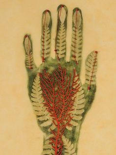 an image of a hand that is made out of leaves and branches with red thread on it