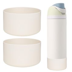 two white cups and one blue cup are next to each other on a white background