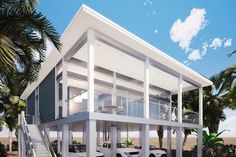 an artist's rendering of a modern house with cars parked in the driveway and palm trees