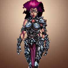 a woman dressed in armor with purple hair