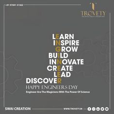 a poster with the words learn to grow build in innovation and create lead discovery happy engineers day