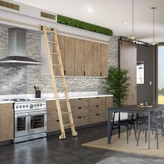 a kitchen with an oven, stove and ladder in the wall next to a dining room table