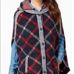 Nwot Hooded Sweater Cape Plaid Poncho, Cape Sweater, Hooded Poncho, Tommy Hilfiger Jackets, Tommy Hilfiger Sweater, Retail Therapy, Plaid Print, Hooded Sweater, Polyvore Fashion