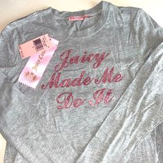 New With Original Tags Vintage Juicy Couture Grey Graphic Long Sleeve Tshirt With Cursive Slogan “Juicy Made Me Do It” Never Worn. No Flaws!! Pink Y2k Long Sleeve T-shirt, Pink Slogan Tops Y2k Style, Y2k Pink Slogan Tops, Pink Long Sleeve Slogan Top, Pink Long Sleeve Top With Slogan, Pink Y2k Tops With Logo Print, Pink Y2k Style Top With Logo Print, Pink Long Sleeve Top With Logo Print, Pink Long Sleeve Y2k T-shirt