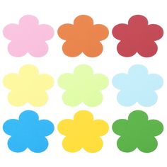 six different colors of flower shaped paper on a white background, each with an individual's own image