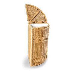 a wicker laundry basket with an open lid on the top and bottom, in front of a white background