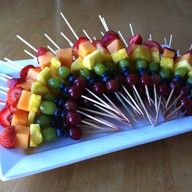 a platter filled with fruit and skewers