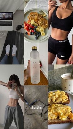 a collage of photos with women in sports bras, food and laptop on the table