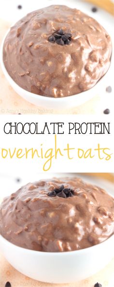 chocolate protein overnight - oats in a white bowl