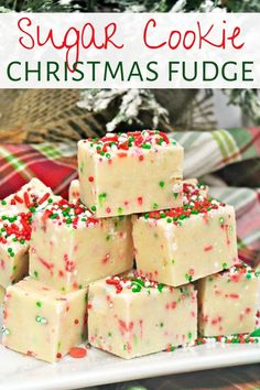 sugar cookie christmas fudge on a white plate