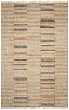 an area rug with multicolored stripes and fringes on the bottom, in neutral colors