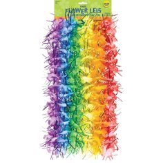 a package of rainbow tinsels with the words flower leis on it's side