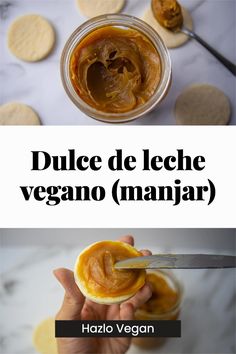 an image of a person holding food in their hand and the words dulce de leche vegano amajar