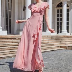 Olivia Mark - Chic Solid Color Ruffle Trim Panel Banquet Party Bridesmaid Dress Long Gown Plaid Print Skirt, Off Shoulder Bridesmaid Dress, Ruffles Bridesmaid Dresses, Long Sleeve Ball Gowns, Short Sleeve Summer Dresses, Deep V Neck Dress, Banquet Party, Chiffon Evening Dresses, Gown Prom