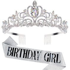 PRICES MAY VARY. 🎁FOR THE BIRTHDAY QUEEN- It's your special day and we want you to look AMAZING! Our SILVER TIARA + BLACK LETTER GLITTER SASH will compliment any outfit while making sure you're the star of the show :) 🎁GUARANTEE - Please feel free to contact us if you have any questions or are not clear about the product, we will do our best to solve the problem for you. 🎁SASH + CRYSTAL TIARA - Our sash is constructed of the most beautiful silver glitter material and hand pressed foil that re My 24th Birthday, Tiara Black, Gold Birthday Party Decorations, Girls Party Decorations, Birthday Sash, Crown For Women, Princess Gifts, Glitter Headbands, Crystal Hair Accessories