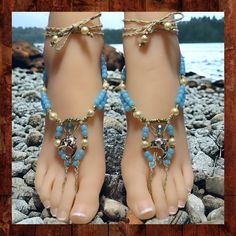 These unique barefoot sandals are made from knotted natural hemp and are beaded with blue agate gemstone beads, glass pearls, and golden brass beads. They have metal dolphin charm centerpieces. These sandals have 17-inch long ties that wrap around the ankle and can be adjusted to fit all adult sizes. These woven barefoot sandals are one-of-a kind and the photos are of the exact item for sale.  They are designed to be adjustable to fit most adults with long ties that may be tied behind the heel o Dolphin Charm, Bride Fashion, Brass Beads, Have Metal, Bride Style, Blue Agate, Anklet Jewelry, Blue Gemstones, Agate Gemstone